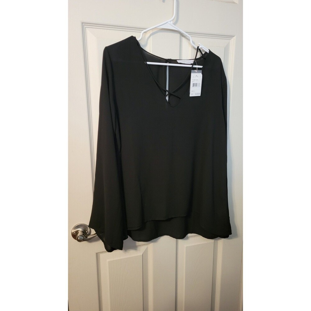 NWT LUSH Black Criss Cross Bell Sleeve Blouse Top Chiffon Caged V-Neck Large